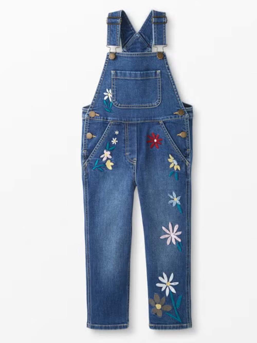 Hanna Andersson Girls Floral Embroidered Denim Overalls Size 120 6/7 Like New